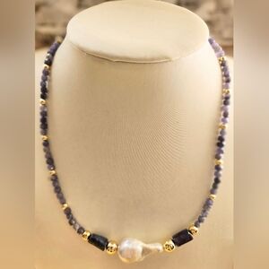 Genuine Tanzanite And Huge Freshwater Baroque Pearl Center In GP Necklace